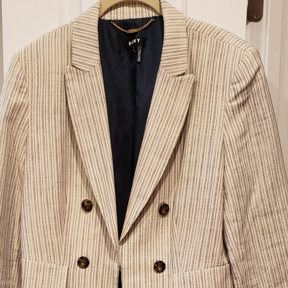 DKNY Lined Blue and Cream Striped Blazer